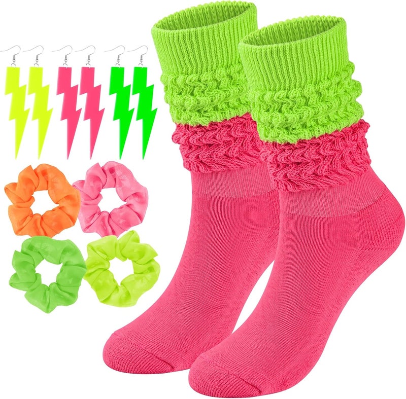 TRIITECH Store Neon Slouch Socks for Women, 80s 90s Scrunch Knee High Socks with Neon Earrings and Scrunchies for 80s 90s Party - Image 1